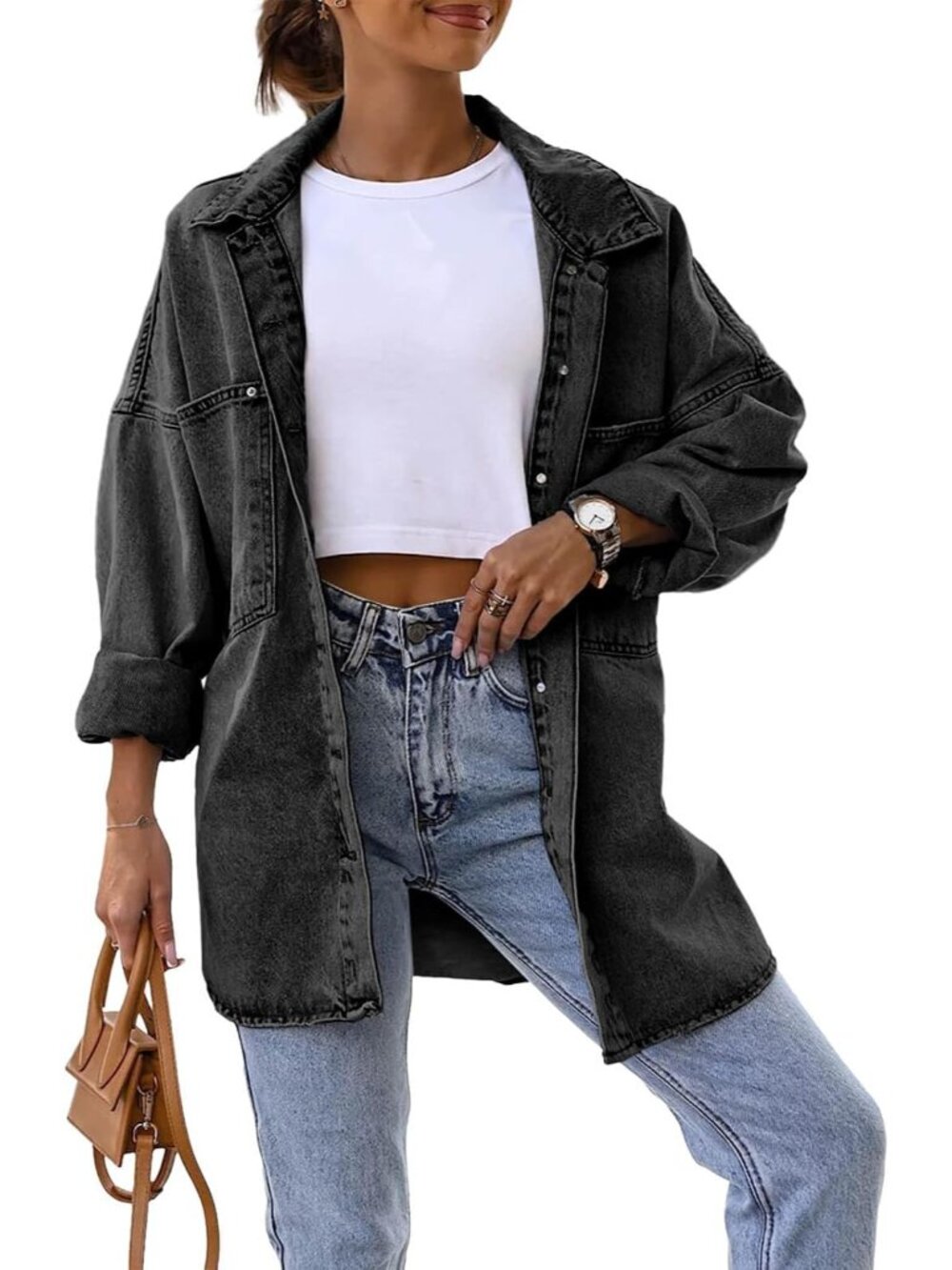 Women’s Gray Oversized Button Down Long Shirt Pockets Denim Jean Jacket Coat